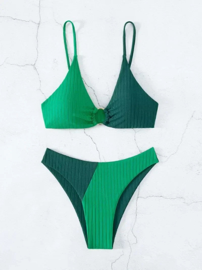 Bikini femme – Push-up triangle – Taille haute – Tissu stretch côtelé – Coupe sculptante
