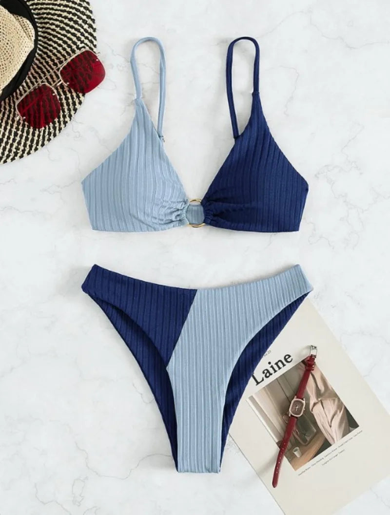 Bikini femme – Push-up triangle – Taille haute – Tissu stretch côtelé – Coupe sculptante