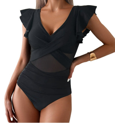 Maillot de bain une pièce femme – Décolleté plongeant – Manches volantées – Détail en tulle