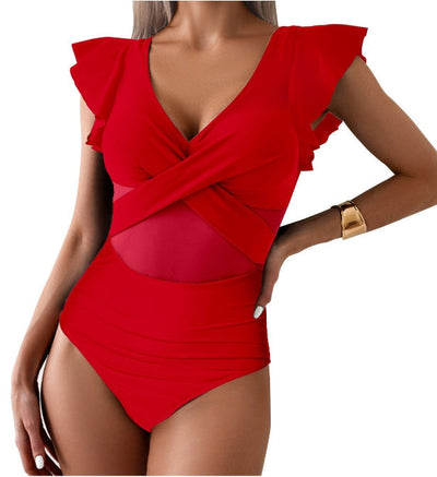 Maillot de bain une pièce femme – Décolleté plongeant – Manches volantées – Détail en tulle