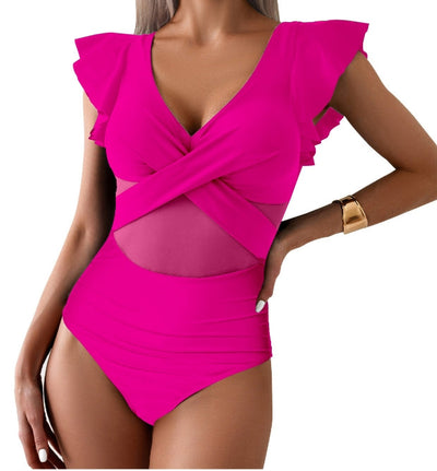 Maillot de bain une pièce femme – Décolleté plongeant – Manches volantées – Détail en tulle