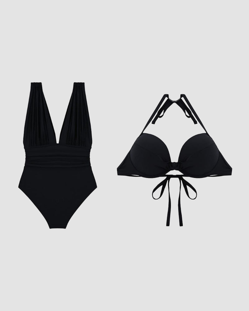 Maillot gainant à décolleté plongeant et tour de cou