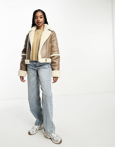 Veste aviateur courte en imitation peau de mouton