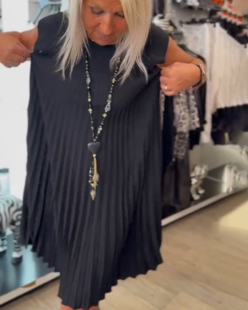 Robe décontractée plissée de couleur unie à col rond