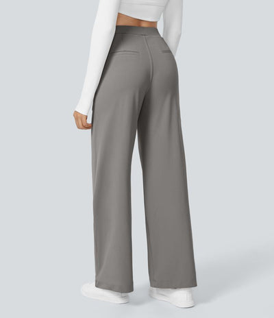 Pantalon Tailleur Taille Haute Plissé Poches Latérales Jambe Droite