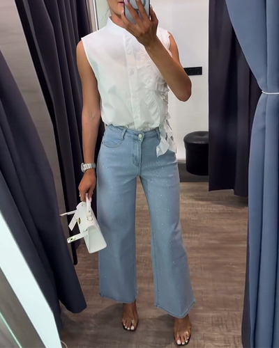 Blouse Mode Uni Couleur Fleur Tridimensionnelle Sans Manches