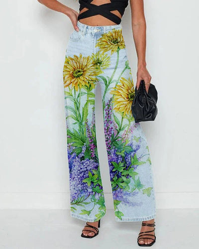 Jean femme – Taille haute – Coupe droite – Détails usés – Motif floral en relief