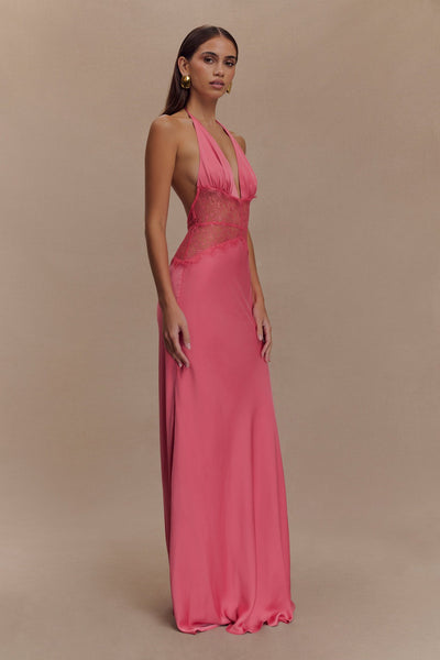 Robe longue en dentelle et satin