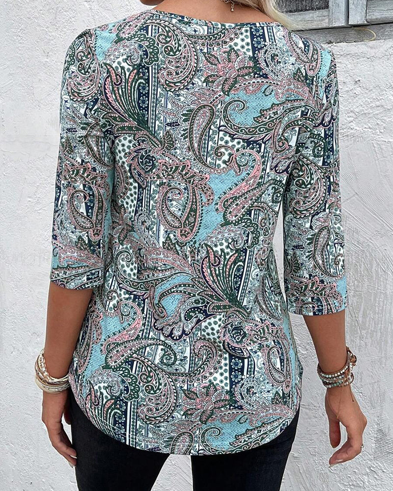 Blouse Trois-Quarts Manche Imprimé Vintage