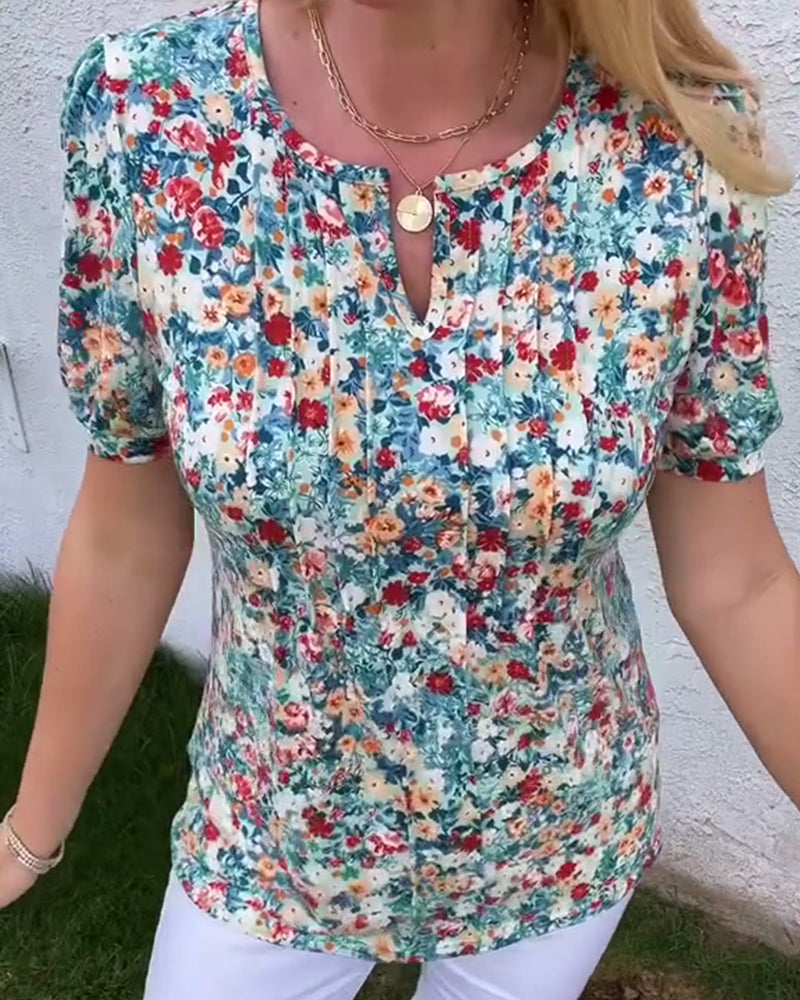 Blouse Manches Courtes Imprimé Fleuri Plissée