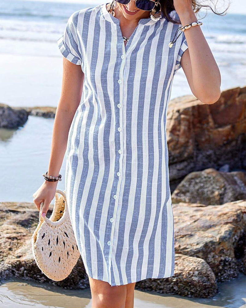 Robe Rayée En Coton Et Lin, Col Montant, Manches Courtes