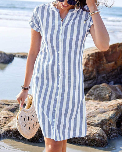 Robe Rayée En Coton Et Lin, Col Montant, Manches Courtes