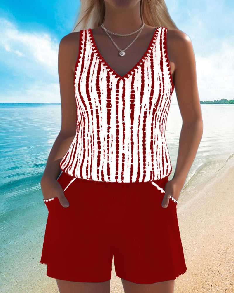 Maillot de bain avec imprimé, poches et décolleté en V en deux parties