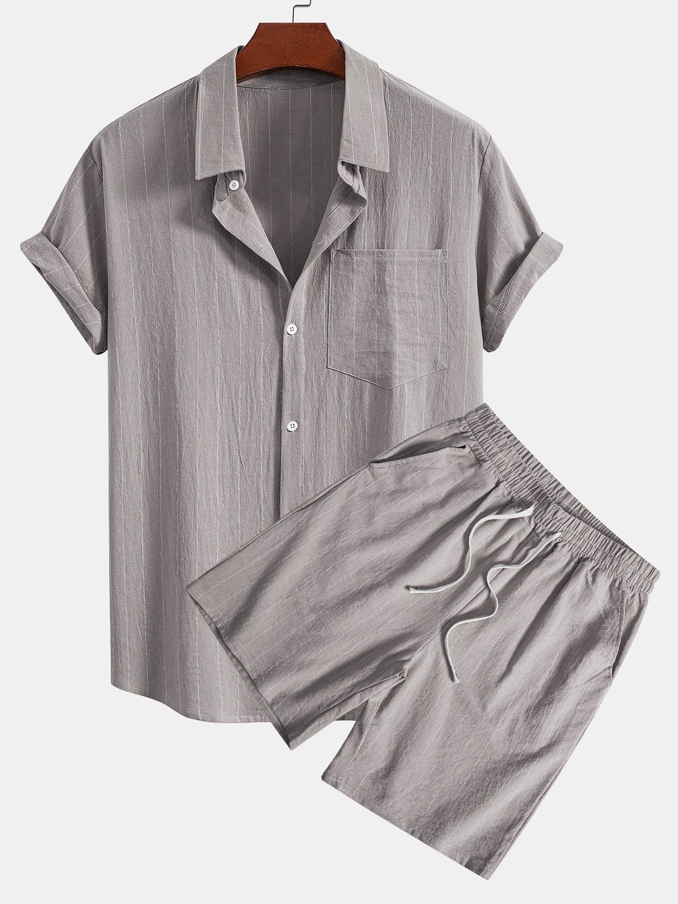 Ensemble Décontracté : Chemise Rayée Style Lin & Short à Cordon