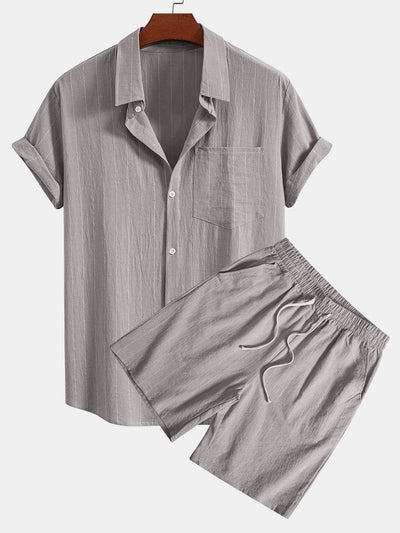 Ensemble Décontracté : Chemise Rayée Style Lin & Short à Cordon