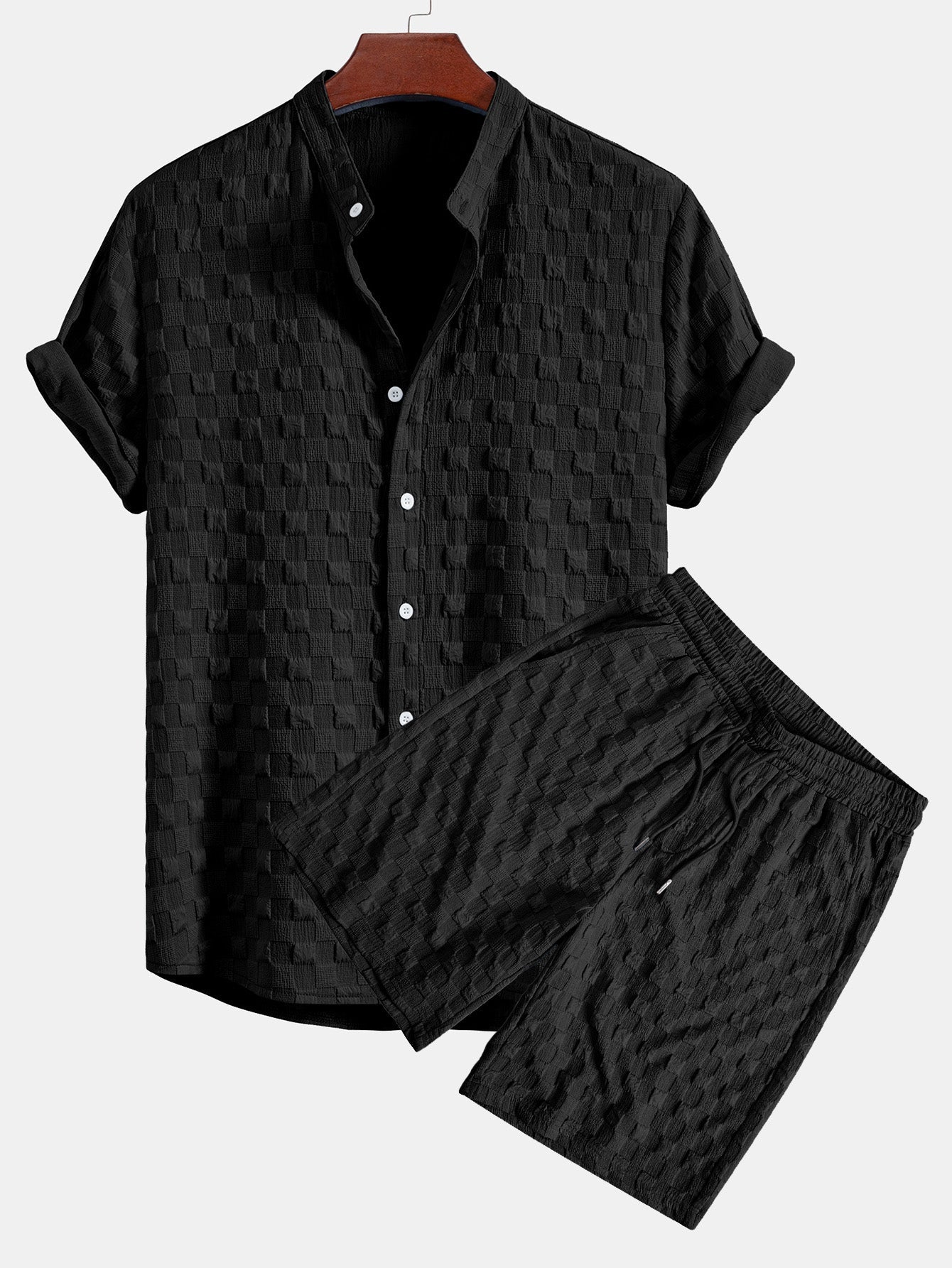 Ensemble Jacquard Échiquier : Chemise Col Montant & Short