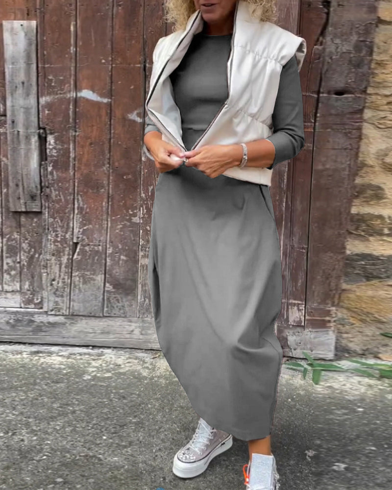 Laura| Robe élégante à manches longues, de couleur unie, avec poches