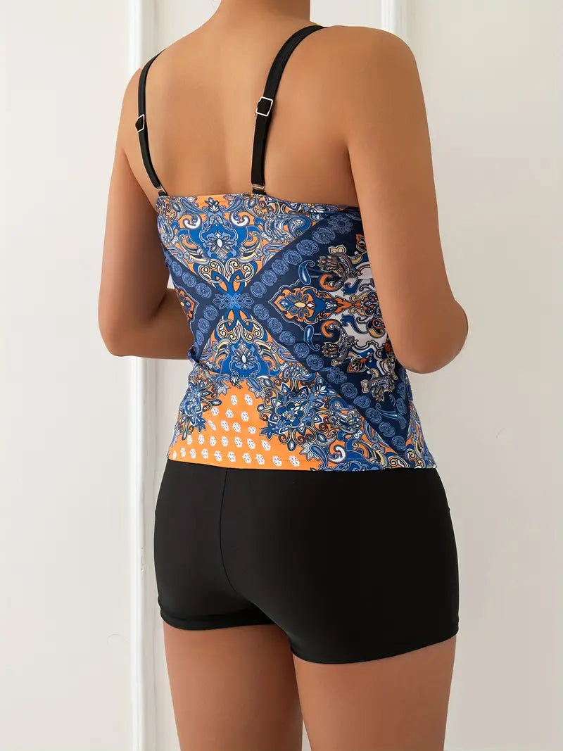 Tankini femme – Bretelles réglables – Motif tribal – Coupe ajustée – Short mi-cuisse