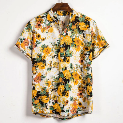 Chemise homme manches courtes – Coupe décontractée – Tissu respirant – Col mao – Imprimé floral