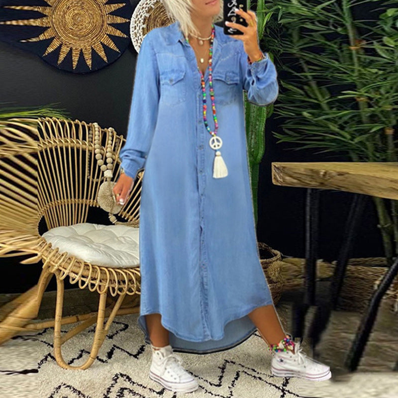 Ines - Robe Maxi à Manches Longues en Denim