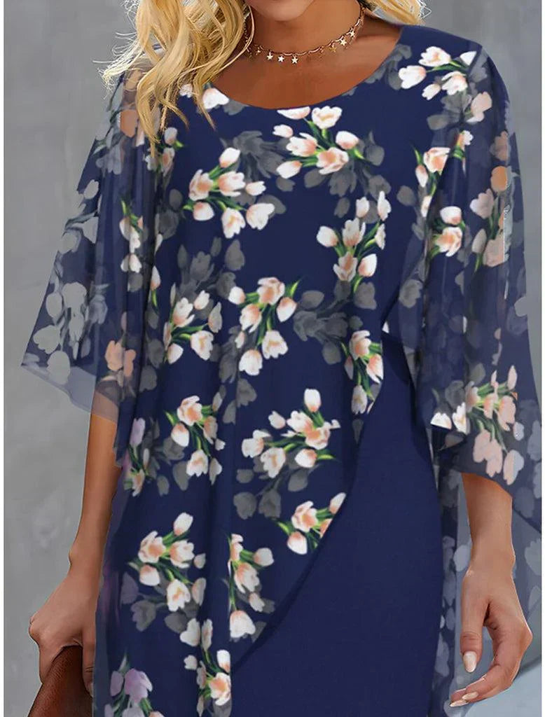 Faye™ | Robe courte à encolure ronde avec imprimé bleu