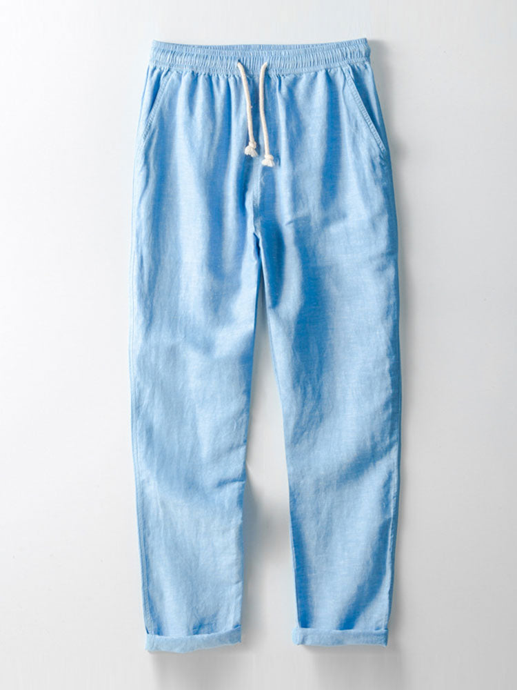 Pantalon Droit en Lin et Coton Mélangés