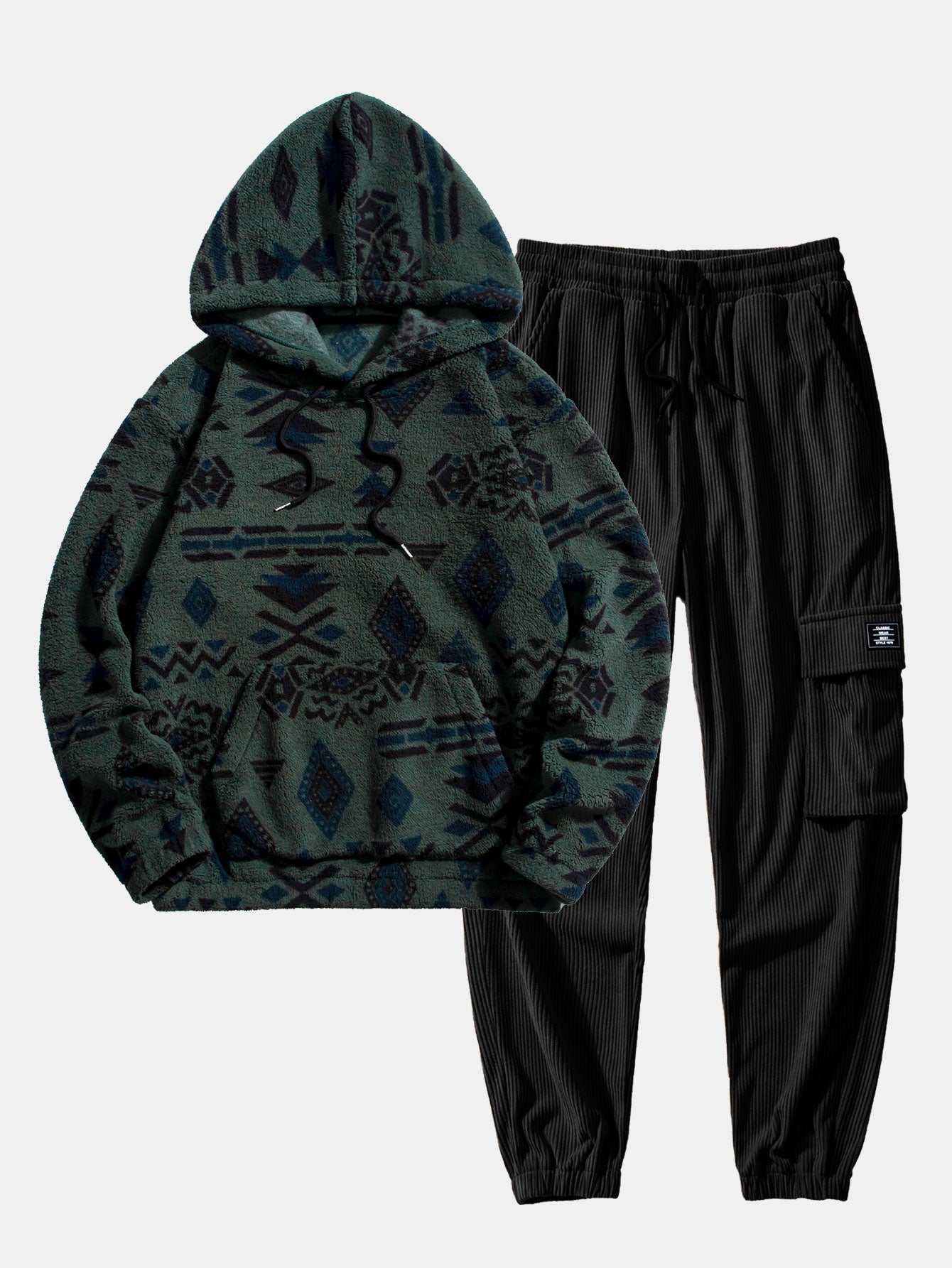 Sweat à capuche en peluche à imprimé aztèque et pantalon de jogging cargo en velours côtelé à cordon de serrage