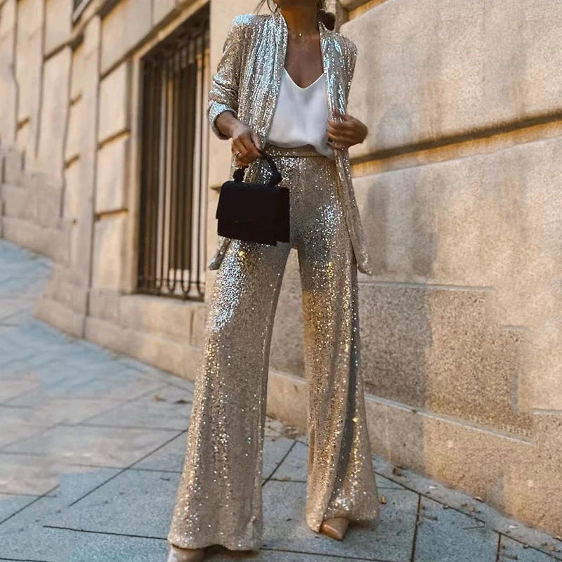 Ensemble Femme – Veste à Sequins Coupe Structurée – Pantalon Large Taille Haute