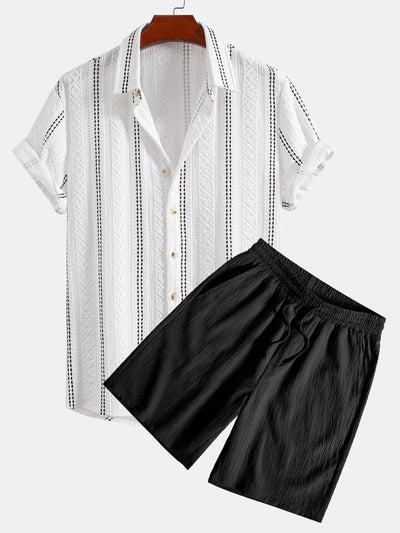 Ensemble Estival : Chemise Jacquard à Rayures Géométriques & Short Froissé à Cordon