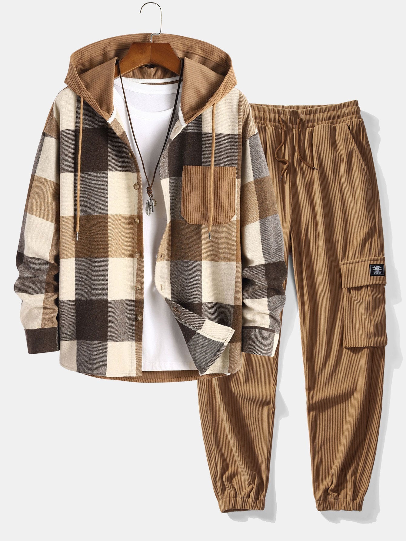 Chemise à capuche en velours côtelé à carreaux en flanelle coupe décontractée et pantalon de jogging cargo en velours côtelé