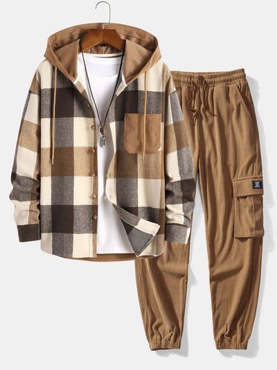 Chemise à capuche en velours côtelé à carreaux en flanelle coupe décontractée et pantalon de jogging cargo en velours côtelé