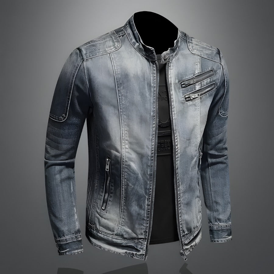 Blouson Biker en Jean à Col Montant