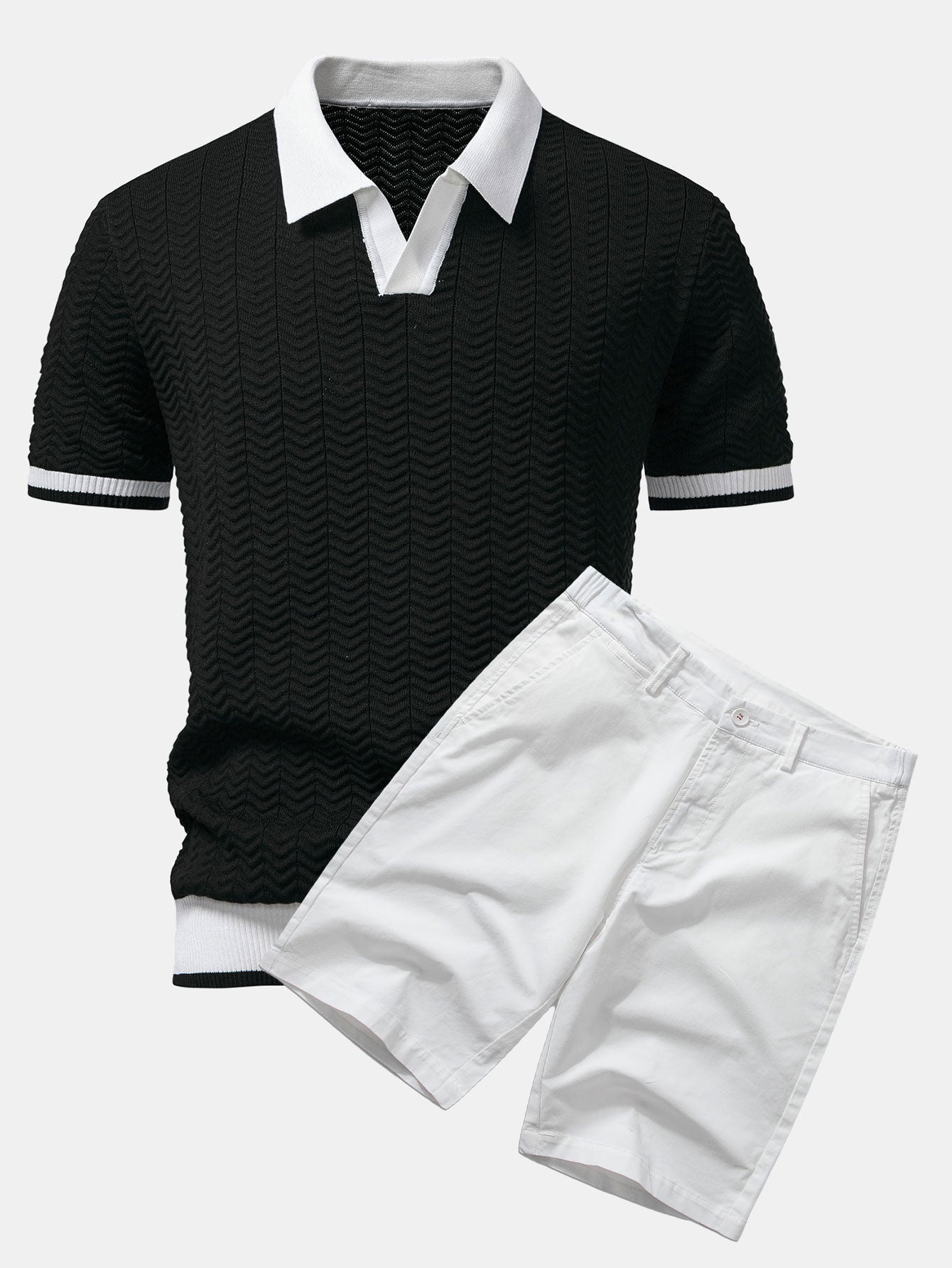 Ensemble Polo Texturé Contrasté & Short Chino en Coton