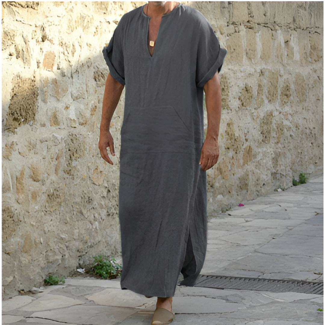 Robe longue homme – Coupe décontractée – Tissu respirant – Col en V – Manches courtes