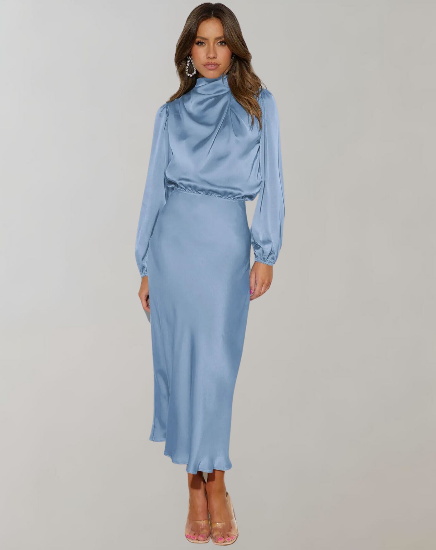 Robe Satinée | Col Montant | Élégance Nocturne