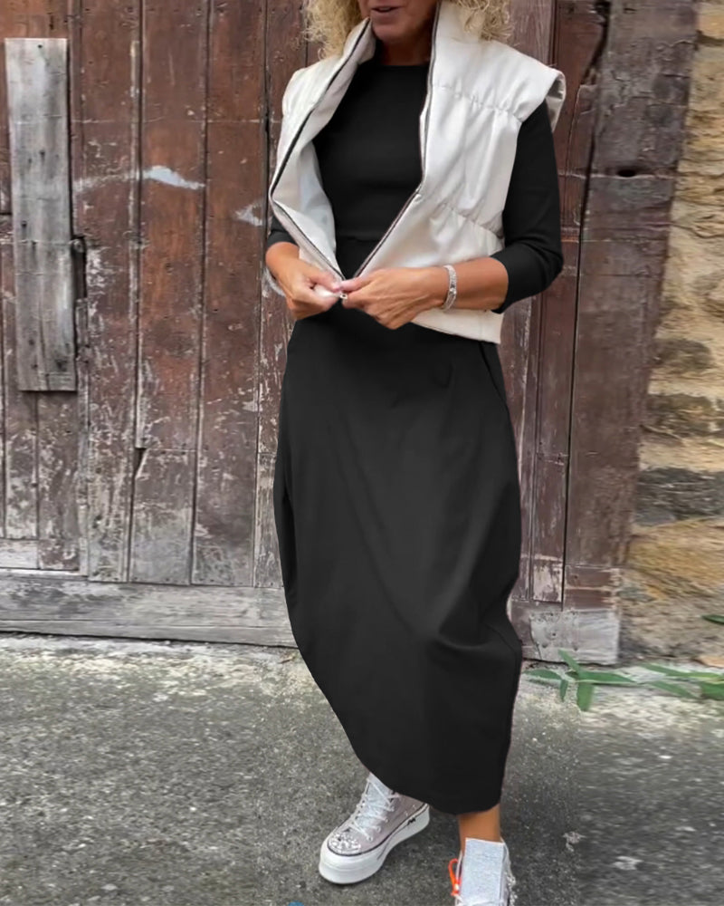 Laura| Robe élégante à manches longues, de couleur unie, avec poches