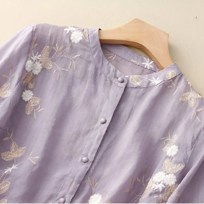 Blouse Femme – Coupe Décontractée – Fibres Naturelles – Broderie Florale – Manches 3/4
