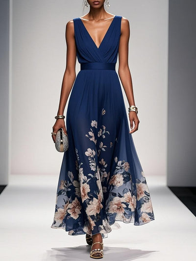 Robe longue en mousseline de soie à fleurs