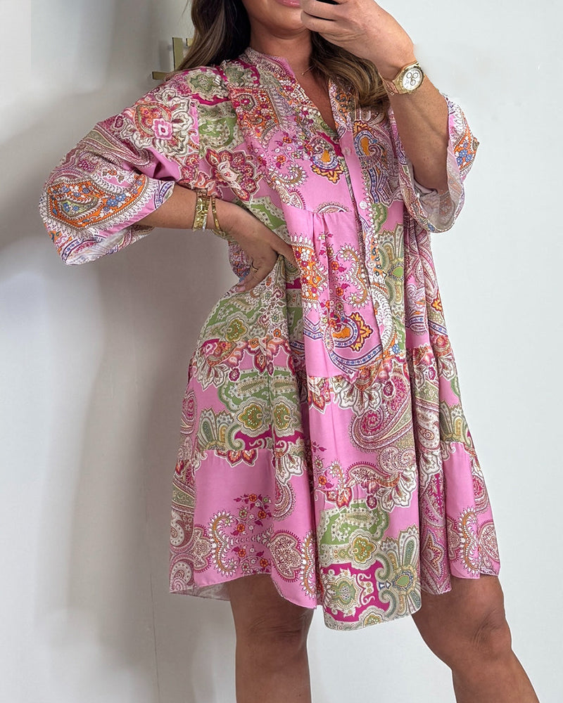 Robe Col En V Imprimé Paisley Décontractée Ample Droite