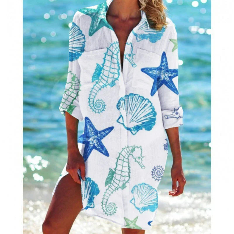 Tunique de plage femme – Coupe ample – Tissu respirant – Manches longues retroussables