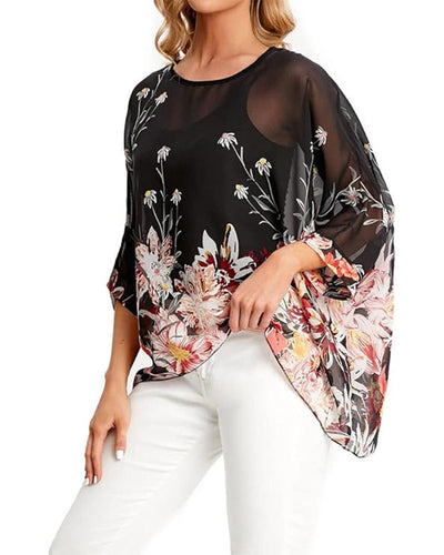 Blouse Manche Trois-Quarts Ample Imprimée Asymétrique