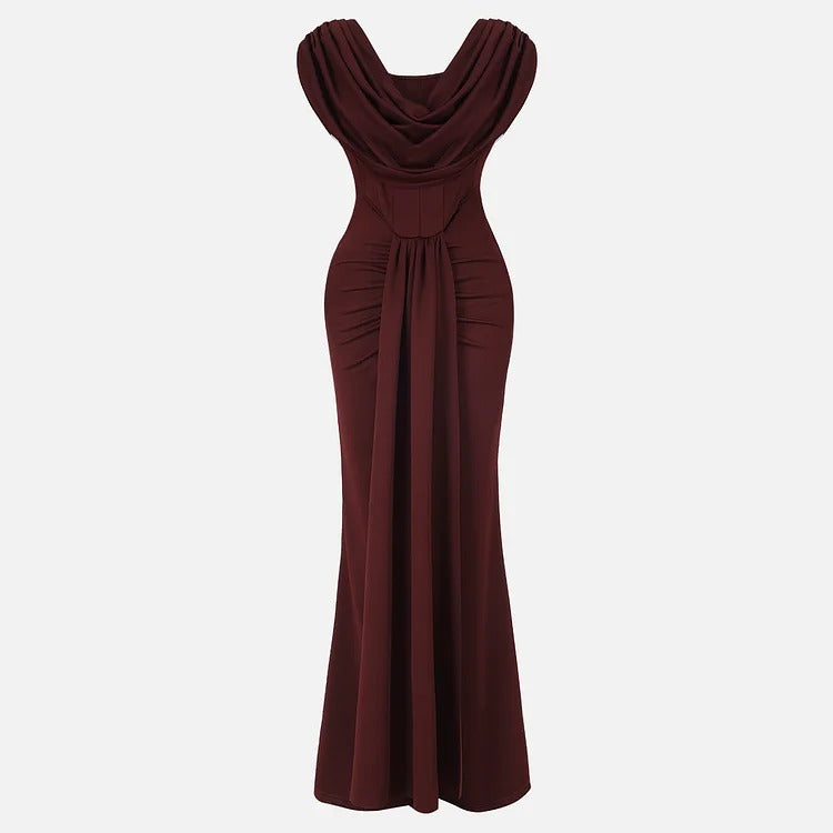 Robe longue de soirée marron élégante à col drapé