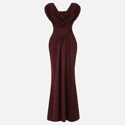 Robe longue de soirée marron élégante à col drapé
