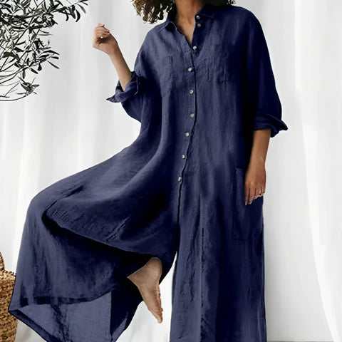Combinaison femme – Coupe oversize – Tissu respirant – Longue – Boutonnée avec poches