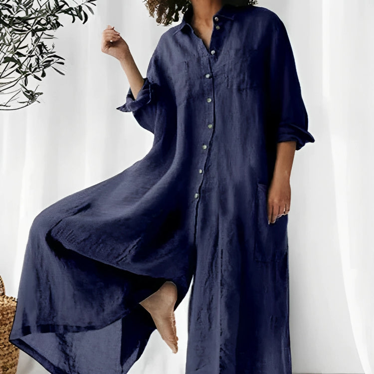 Combinaison femme – Coupe oversize – Tissu respirant – Longue – Boutonnée avec poches
