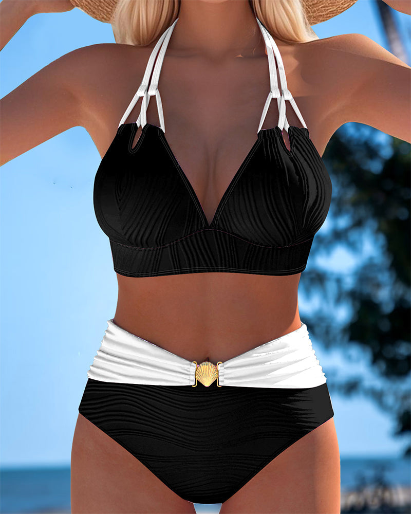 Maillot de bain à double bretelle Taille haute Couleur contrastée