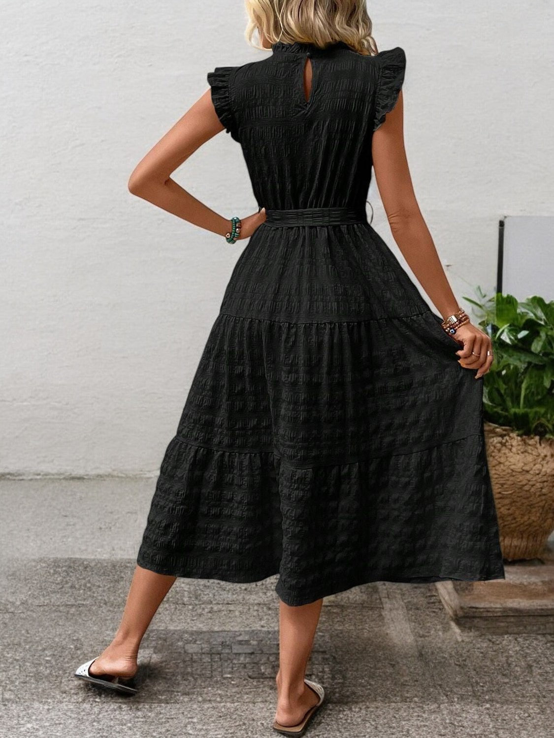Gisèle - Robe Midi À Ourlets Volantés Et Ceinture À Nouer