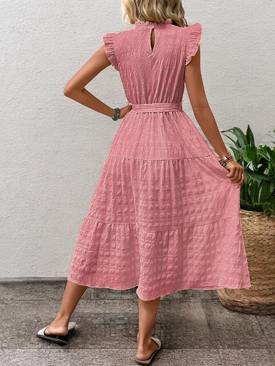Gisèle - Robe Midi À Ourlets Volantés Et Ceinture À Nouer