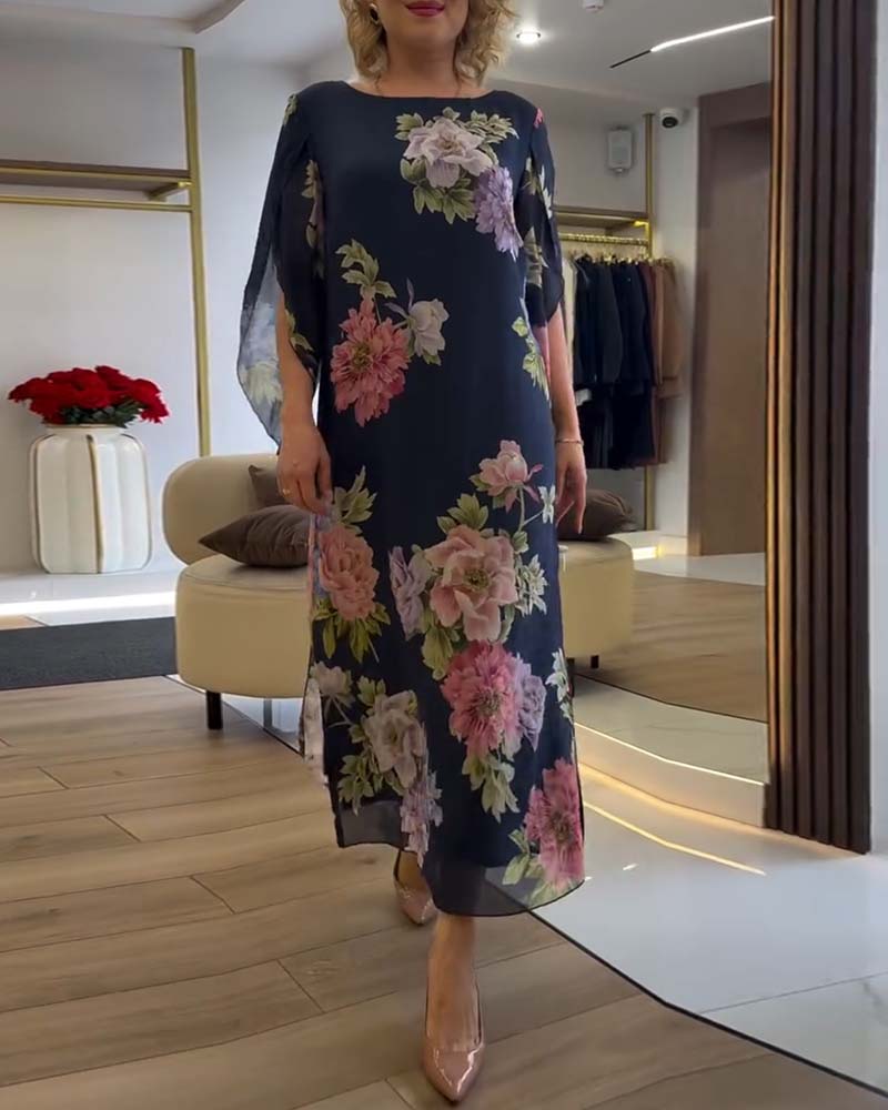 Robe Col Rond Fleuri Fente