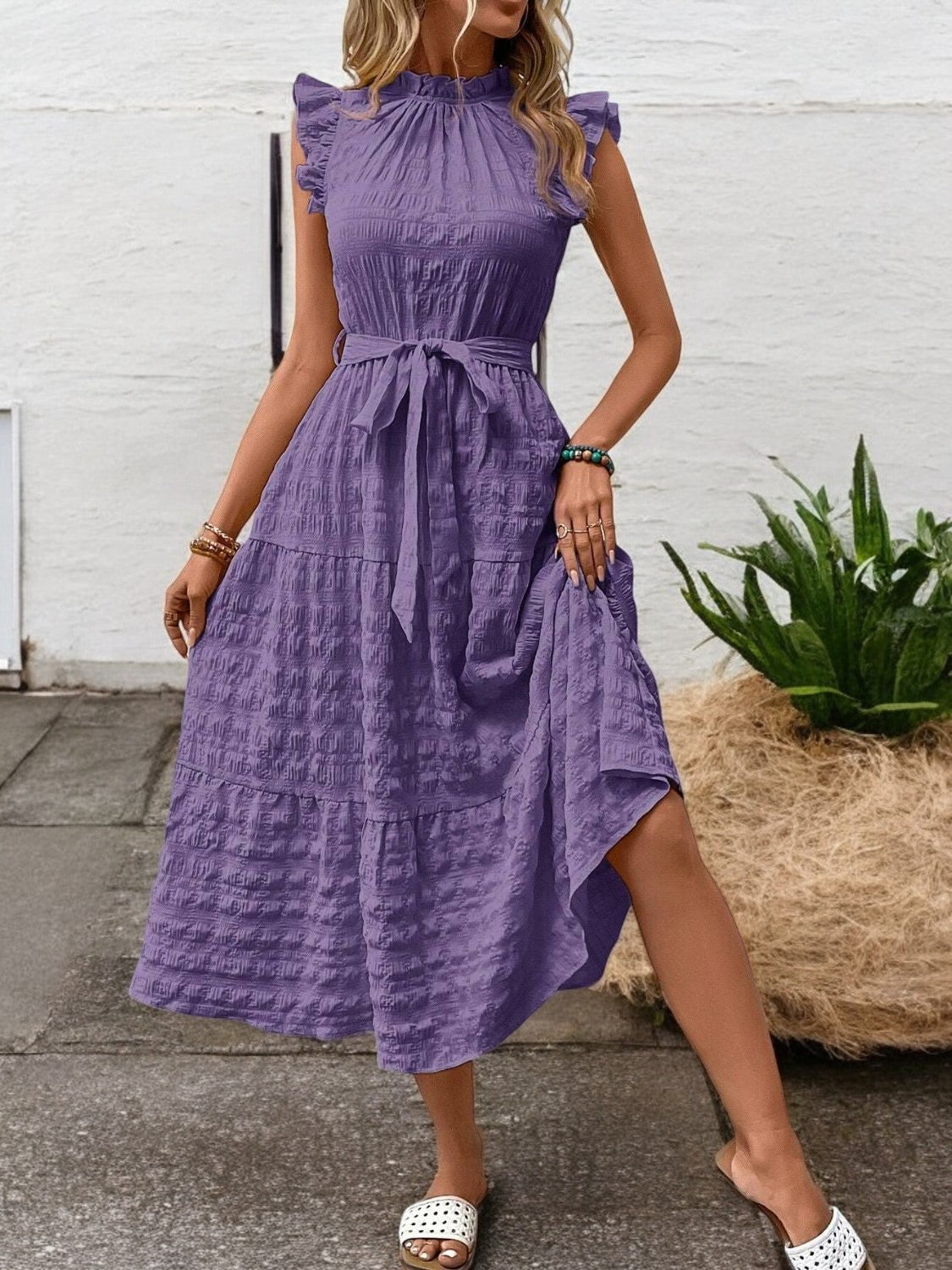 Gisèle - Robe Midi À Ourlets Volantés Et Ceinture À Nouer
